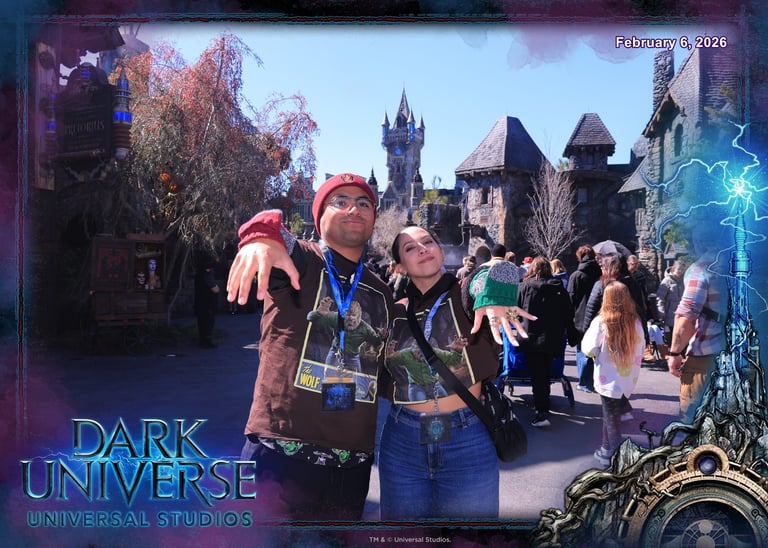 Two costumed characters posing at Dark Universe event in Universal Studios theme park with castle in background